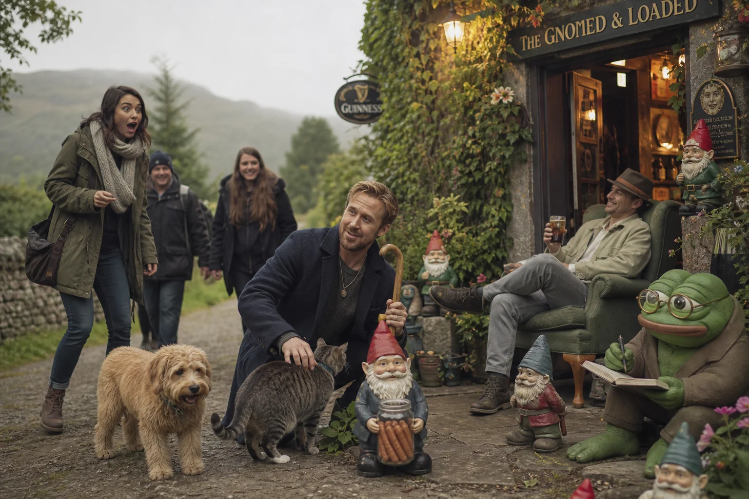 A playful tour guide pets a mischievous cat beside a dog on a misty green Irish village lane, while gnomes, a note-taking frog, and a relaxed traveler add whimsy near a cozy pub.