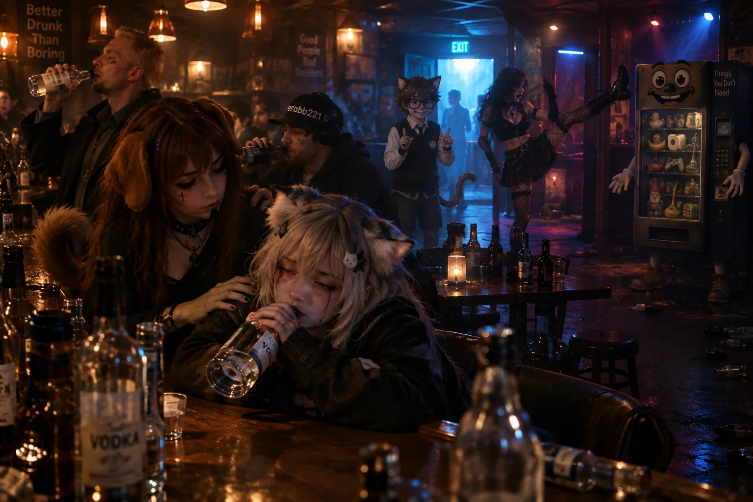 A weary catgirl drinks in a dim bottle-strewn bar while a goth caretaker comforts her and eccentric patrons drink, dance, and attempt to lift the mood.
