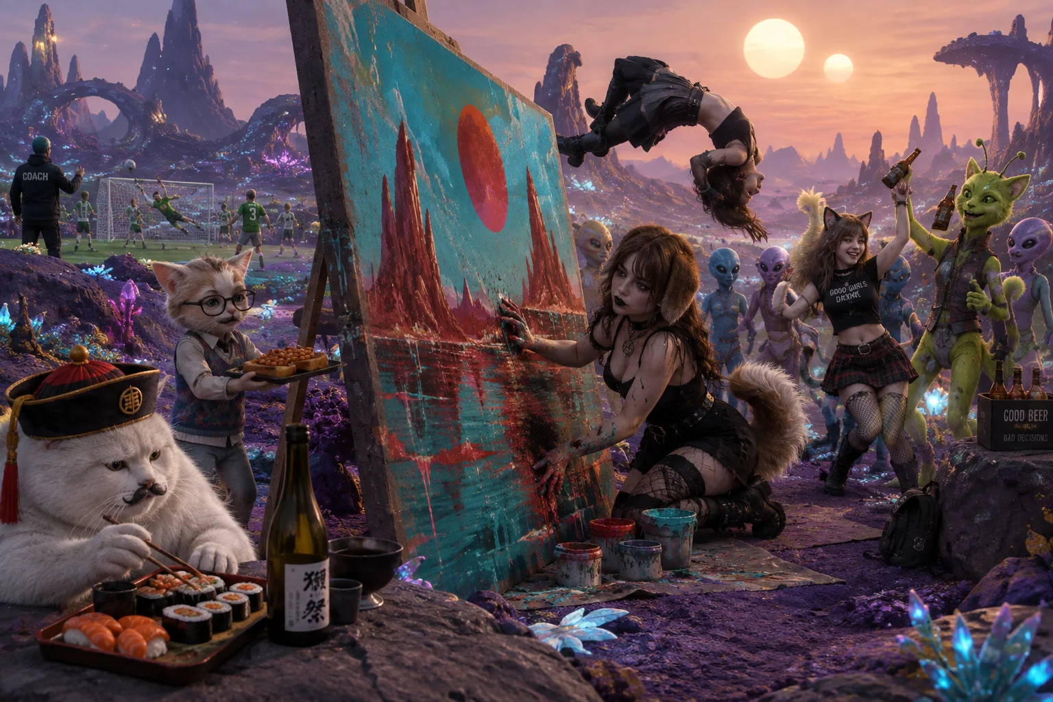 A group watches paint dry around a mural on an alien planet while a cat eats sushi, a cat-boy serves beans on toast, and costumed figures dance and paint.