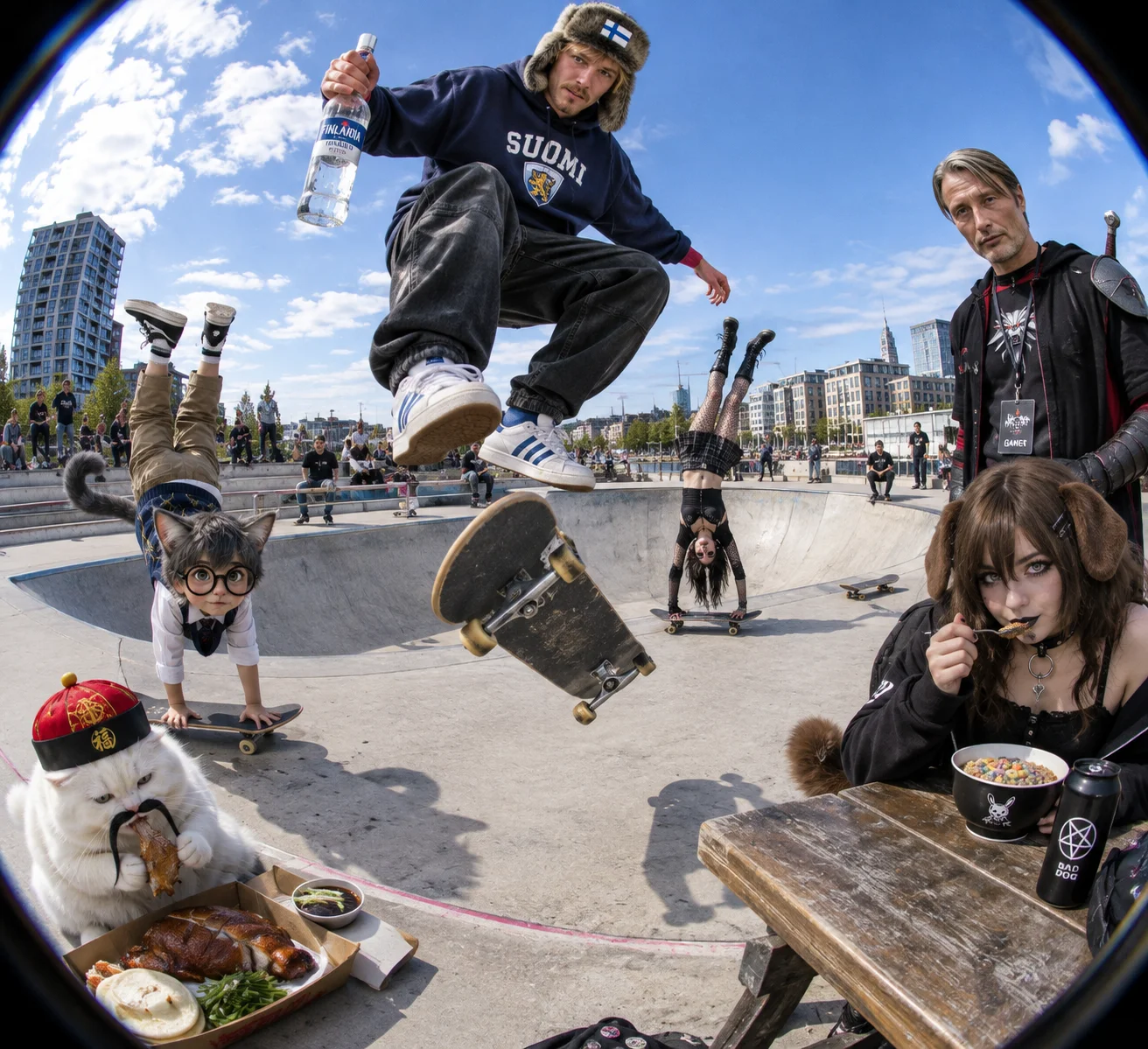 A tall skater lands a 360 flip at a busy skate park while a tiny cat-boy and goth woman perform skateboard handstands nearby.