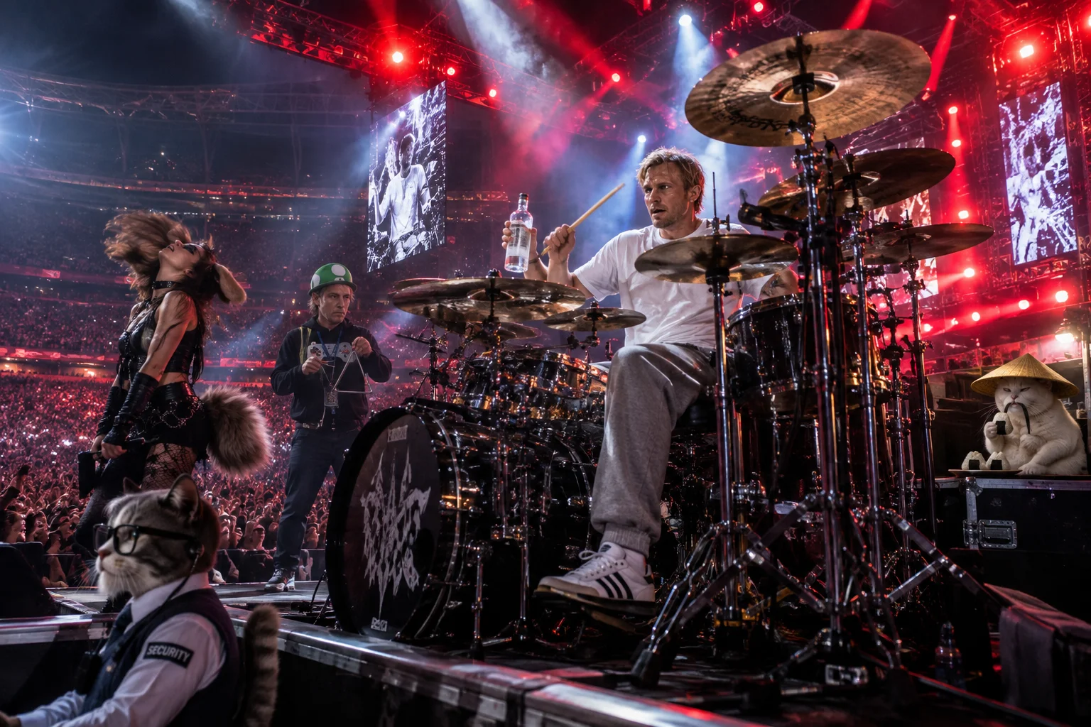 A tall drummer leads a massive stadium metal concert while a goth puppygirl headbangs, a cat-boy works security, and a costumed bandmate plays triangle.