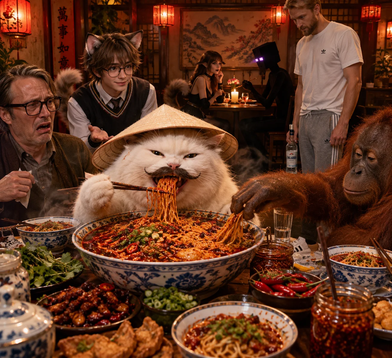 A chubby moustached cat in a straw hat hosts a fiery noodle mukbang while unusual guests gather around and a candlelit couple dines in the background.