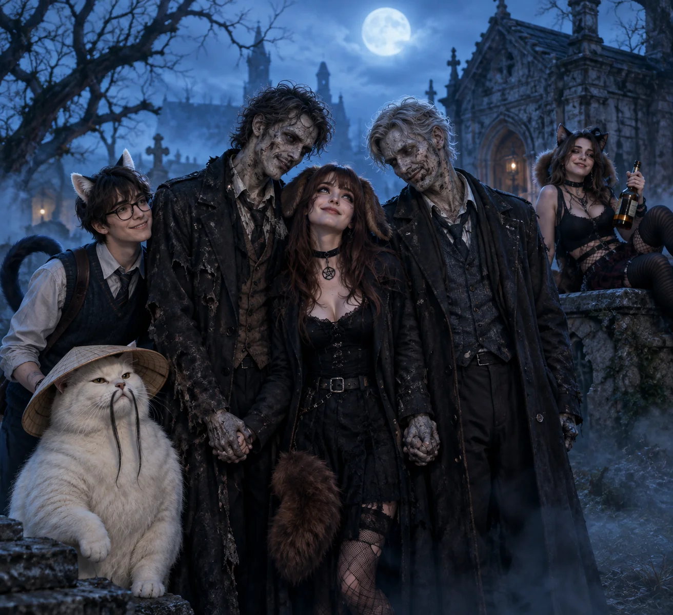 A goth catgirl dreamily holds hands with two stylish zombies in a misty moonlit cemetery, surrounded by quirky cat-like friends and a cool white cat in a straw hat.