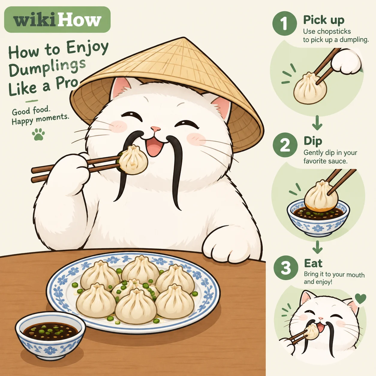 A moustached white cat in a Vietnamese straw hat demonstrates eating dumplings at a table in a clean WikiHow-style instructional illustration.