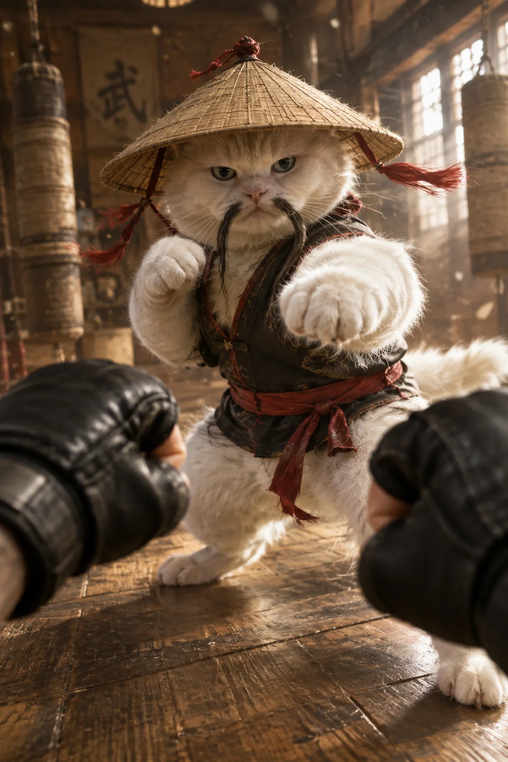 First-person view of a playful fight with a chubby white cat in a straw hat and Fu Manchu moustache inside a warmly lit martial-arts training hall.