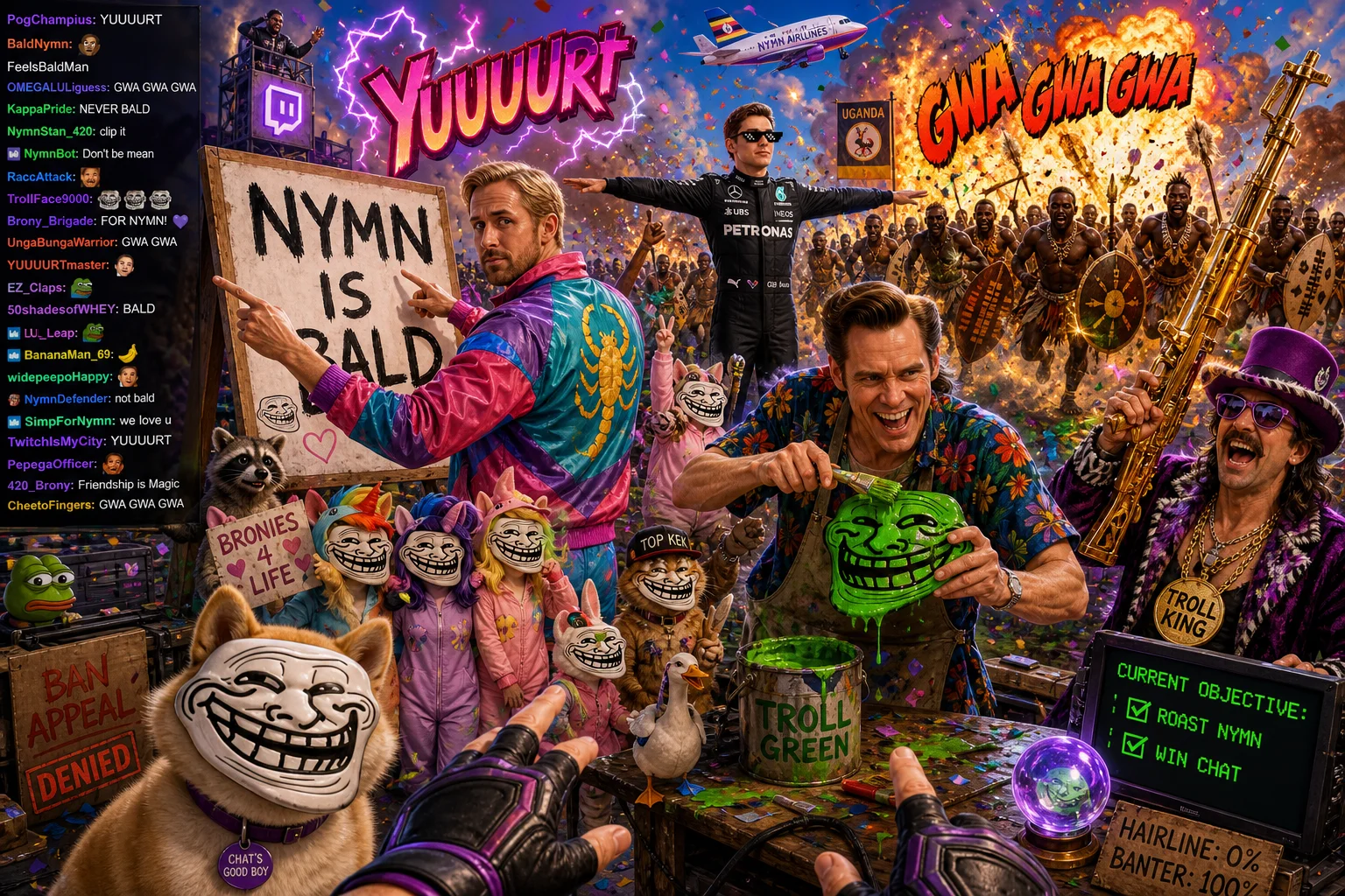 A masked dog joins celebrity-like figures in a chaotic neon meme battle, with one pointing to a “NYMN IS BALD” sign as masked crowds, confetti, smoke, and a cartoon explosion fill the background.