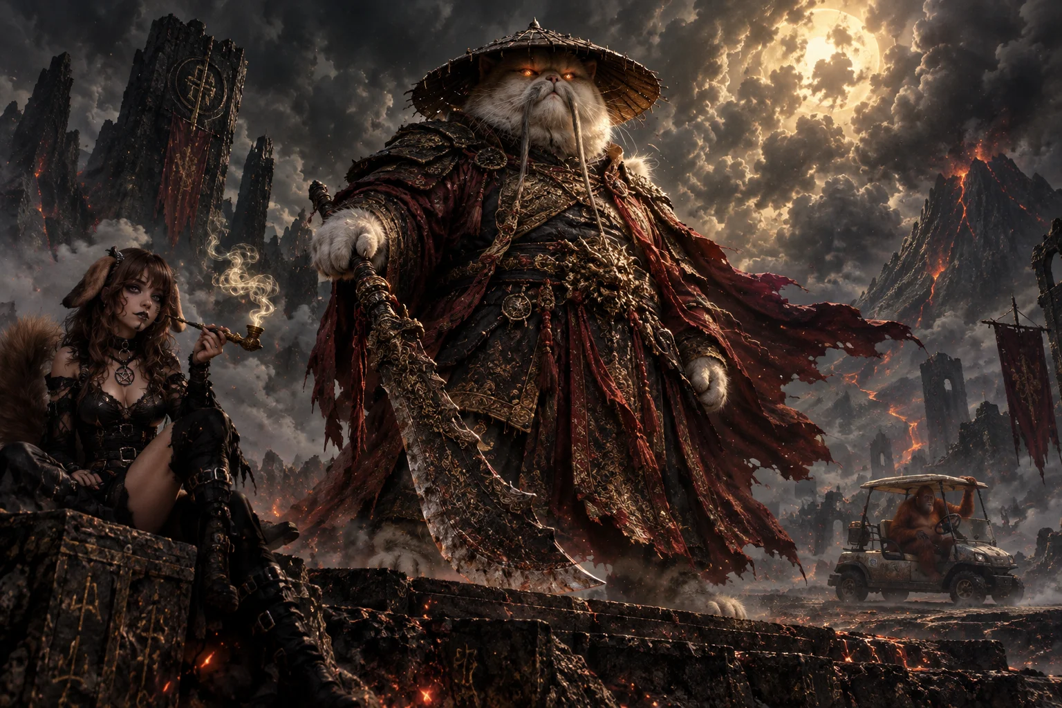 A colossal moustached white-cat dark-fantasy boss looms over a volcanic arena while a goth puppygirl relaxes nearby and an orangutan drives past in a golf cart.