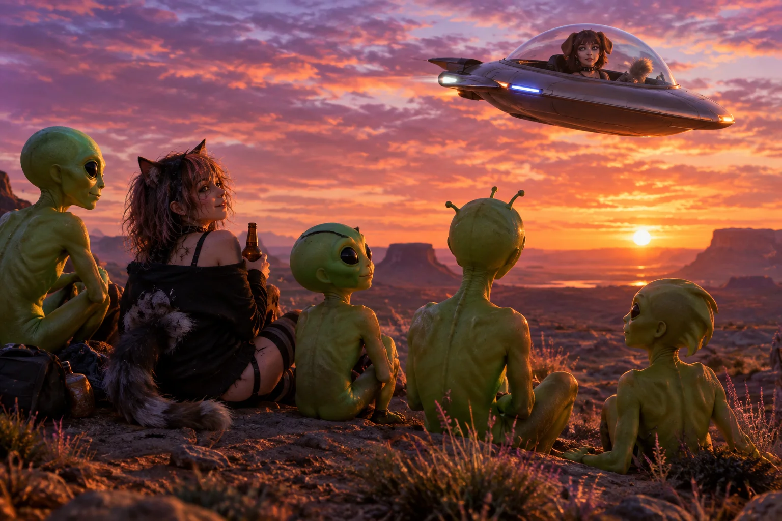 An alcoholic catgirl sits with friendly green aliens on a rocky alien landscape, watching the sunset as a small one-person UFO flies past overhead.