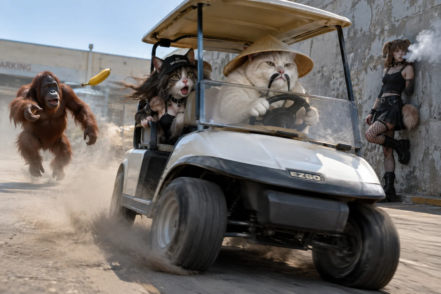 A moustached white cat drifts a stolen golf cart with a catgirl passenger while an orangutan chases and throws a banana, and a vaping goth puppygirl lounges by a wall.