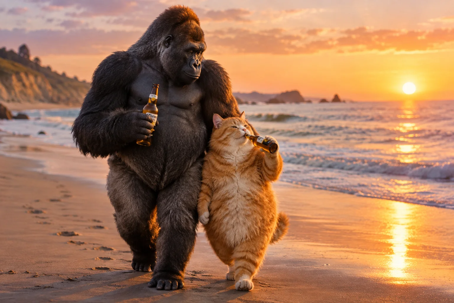 A silverback gorilla and a chubby red-haired cat share a romantic beer-sipping walk along a sunlit beach at sunset.