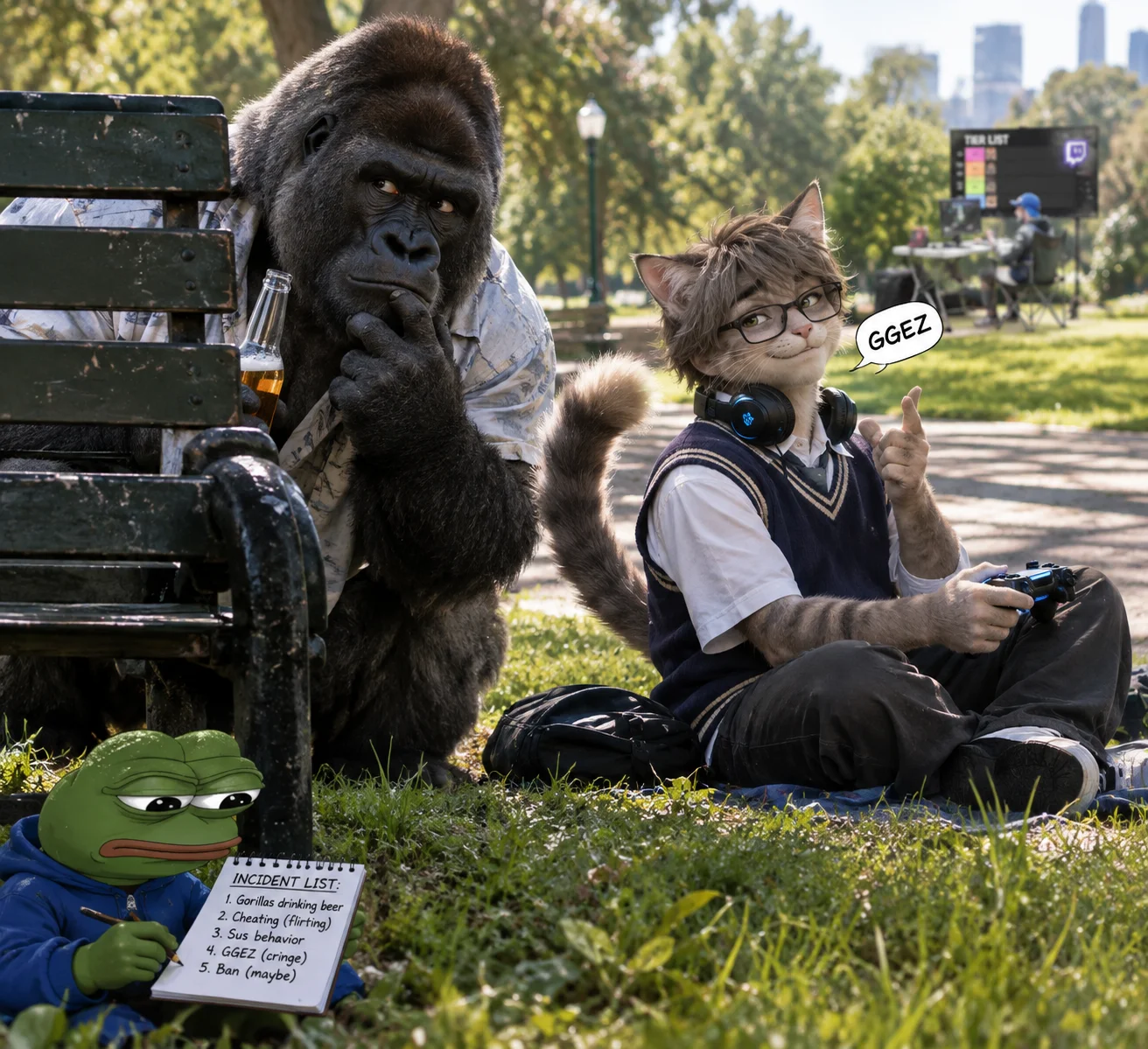 A guilty beer-drinking silverback gorilla is caught flirting with a gamer cat-boy in a sunny park while a tiny displeased frog takes notes.