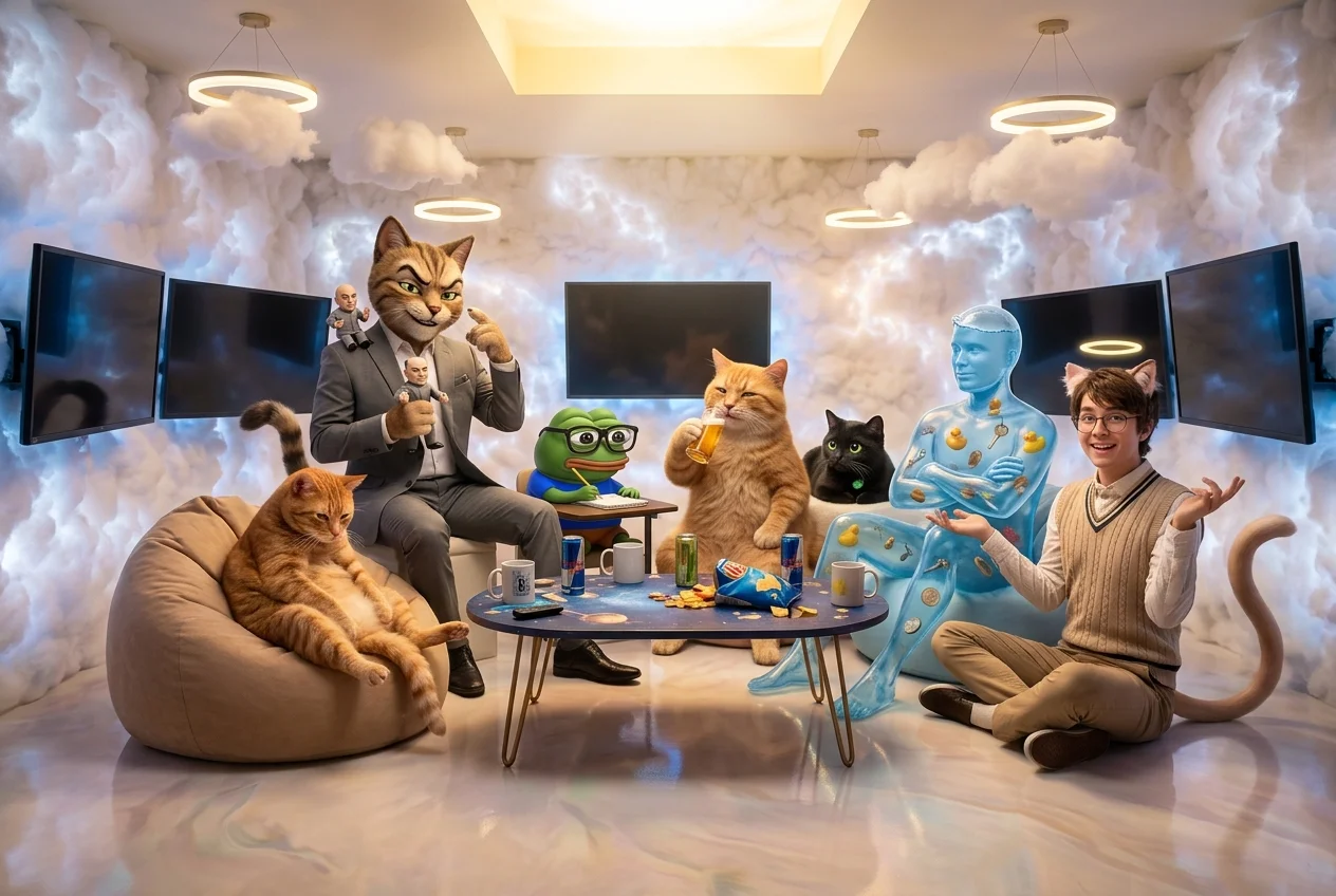 Eccentric anthropomorphic chatters socialize in a glowing heavenly offline chatroom, surrounded by clouds, dormant monitors, and a celestial lounge atmosphere.