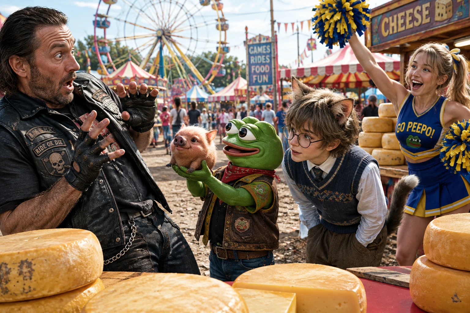 A shocked biker, cheeky peepo, and tiny bespectacled cat-boy gather around a poglin at a sunny carnival, while a cheerleader celebrates beside stacks of cheese wheels.