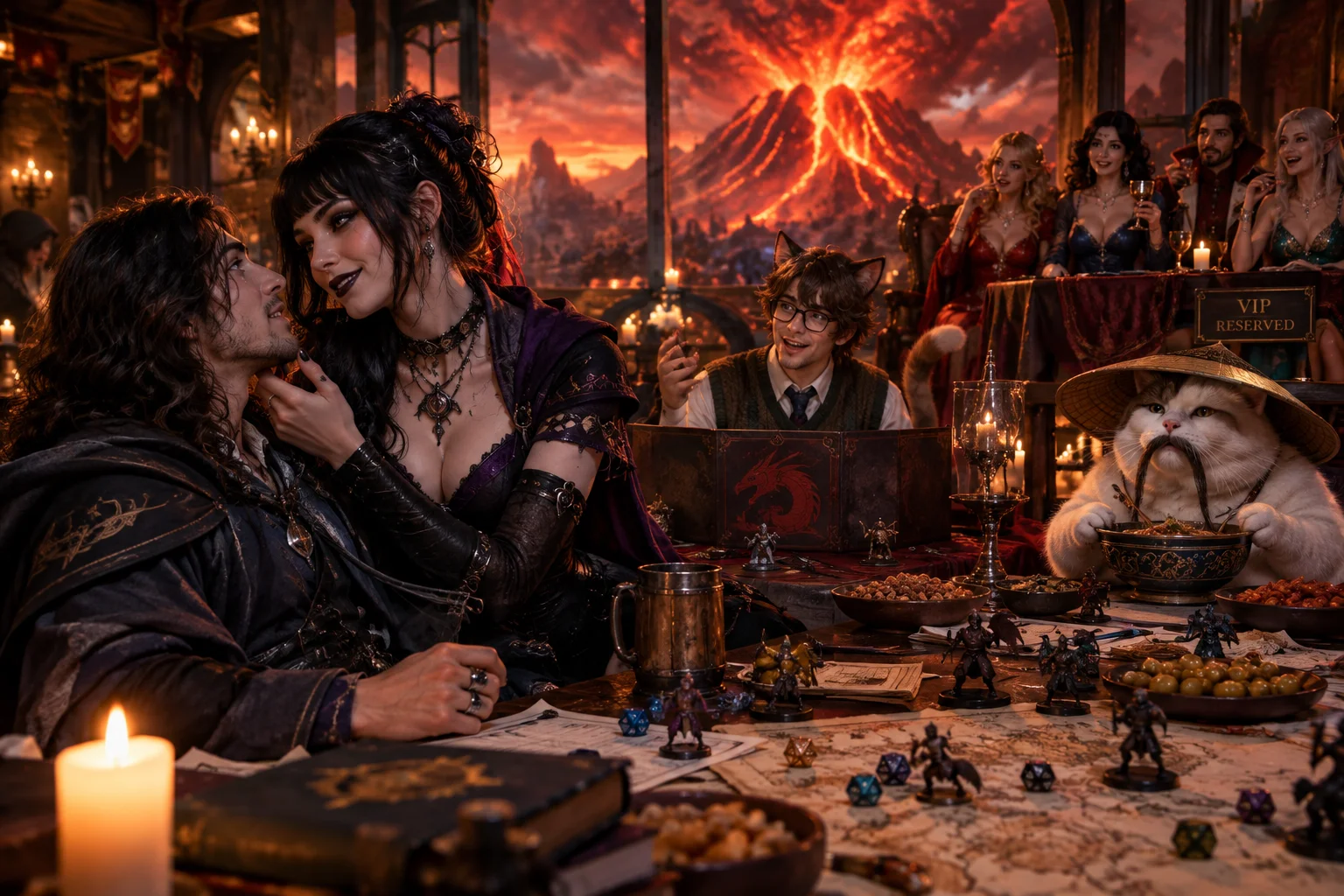 A robed wizard is flirted with by a goth cleric during a D&D game, while a cat-boy game master presides and a volcano erupts beyond the tavern.