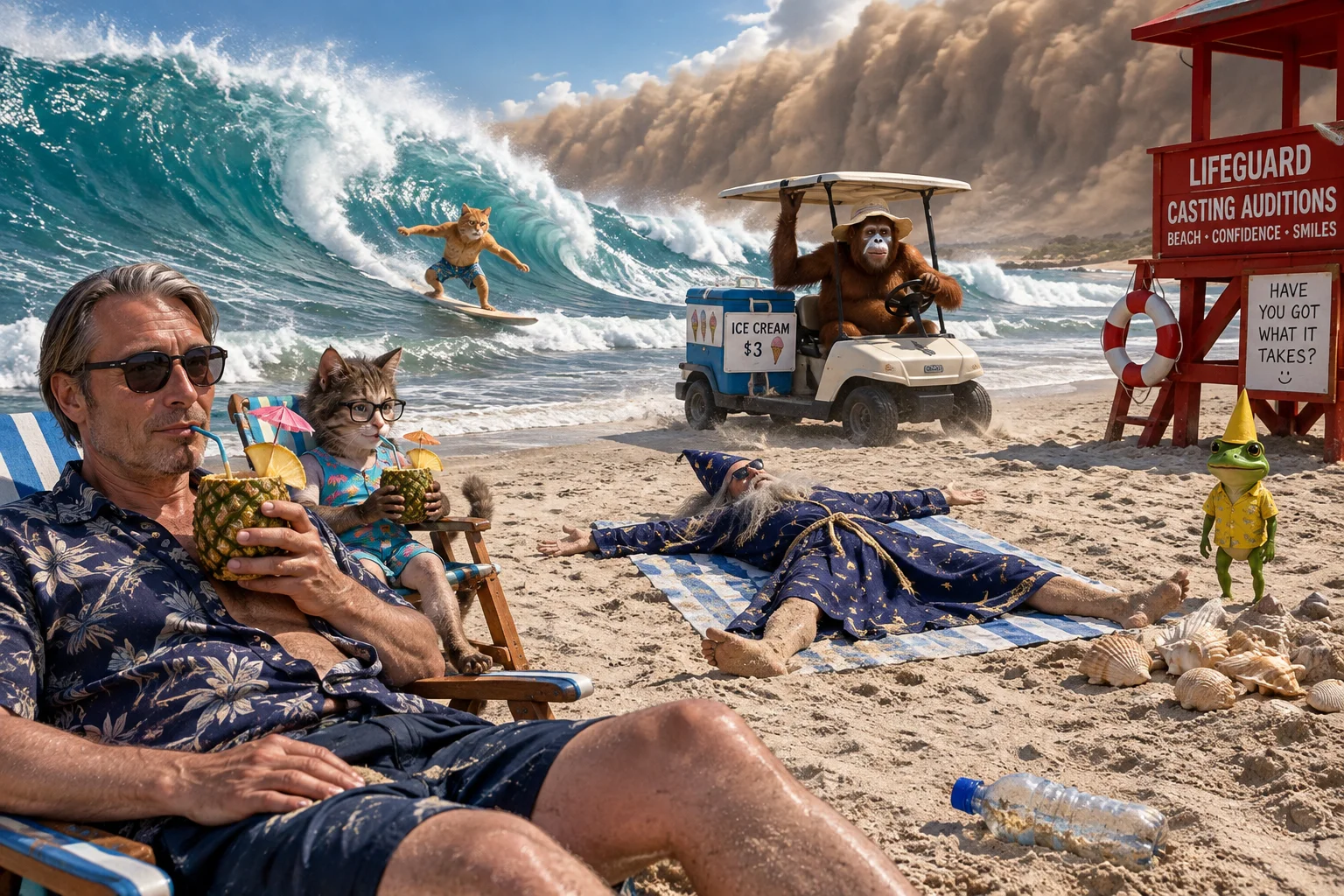 A lively beach scene shows two vacationers sipping piña coladas as a wizard auditions by a lifeguard stand, an orange cat surfs huge waves, and an orangutan drives an ice-cream golf cart ahead of a sandstorm.