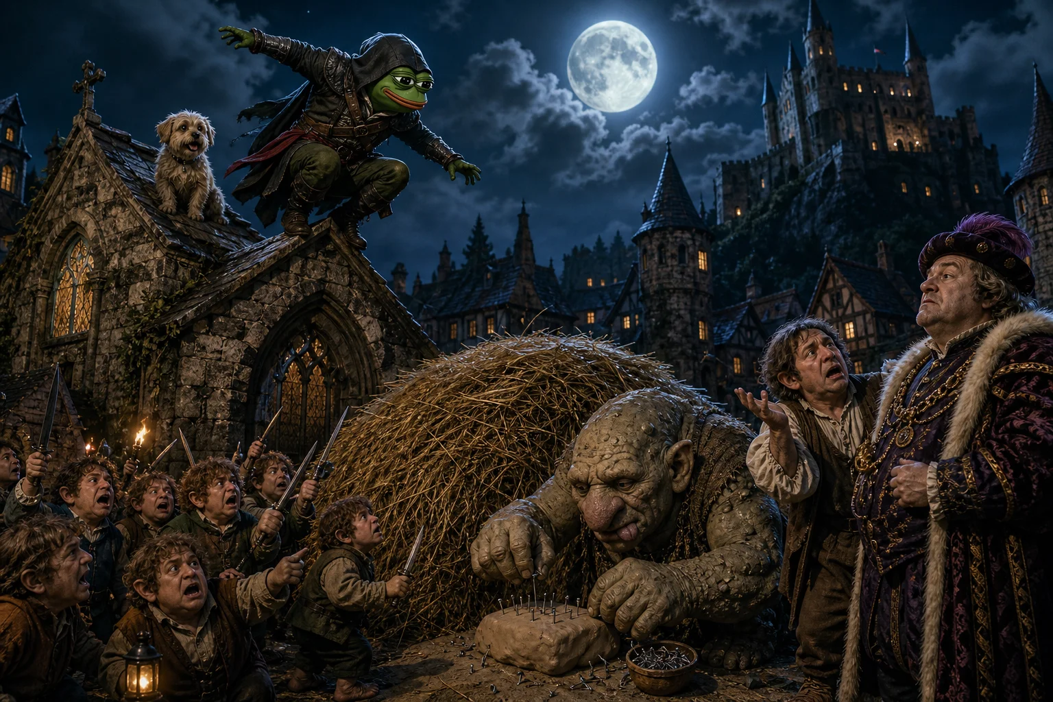 A hooded green frog-like assassin stands atop a moonlit stone church with a fluffy dog, poised to leap toward a haystack as tiny guards and villagers react below beside a comical troll.