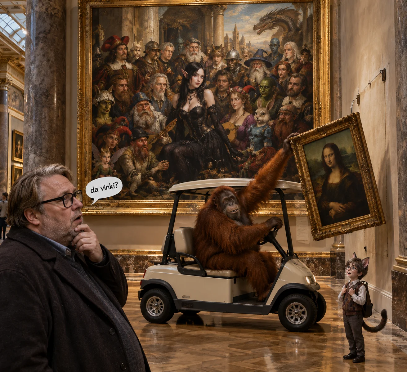 A monumental ensemble oil painting hangs in the Louvre while a goth elf appears inside it, an orangutan steals the Mona Lisa, and a bespectacled man watches in confusion.