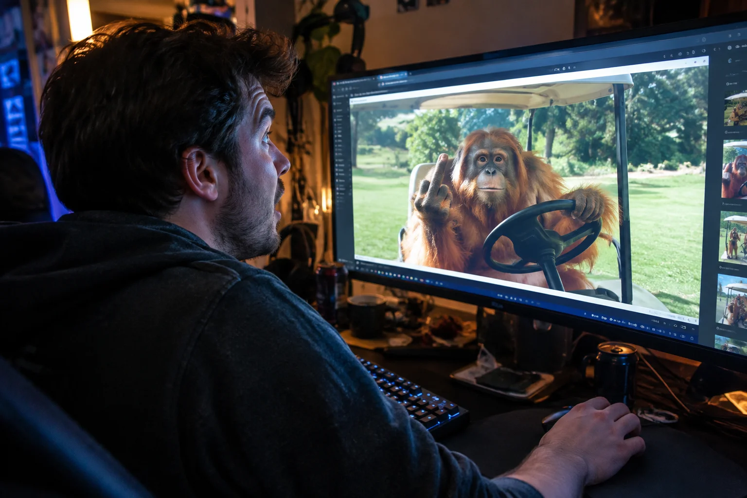 A startled streamer clicks a random link at a gaming desk, revealing an orangutan in a golf cart making a rude gesture on the monitor.