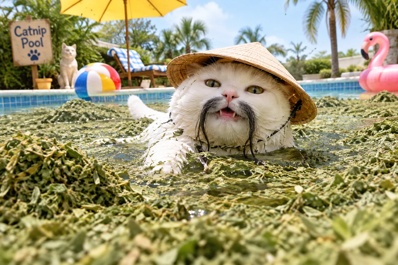 A chubby white cat in a straw hat and Fu Manchu moustache swims through a sunny pool filled with green catnip.