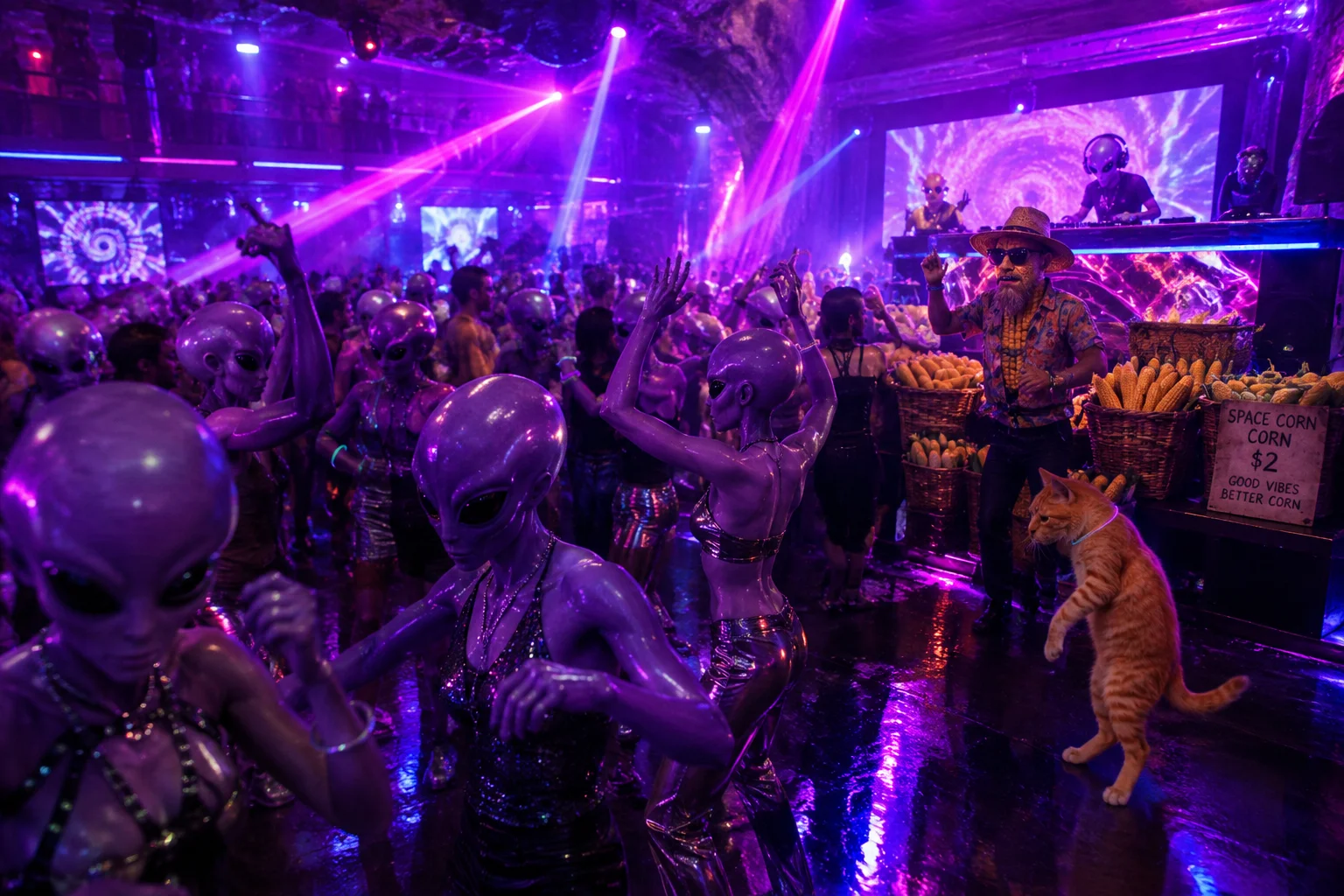 Purple aliens dance energetically in a booming neon nightclub while a corn seller grooves near the DJ booth and a hunched orange cat joins the party.