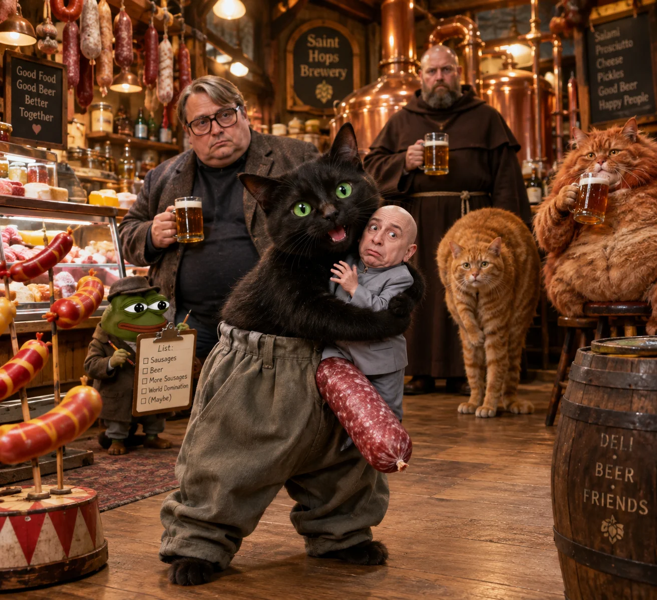 A black cat awkwardly hugs a tiny villain figure while concealing an oversized salami, as a monk brewer, cats, and a note-taking frog watch inside a warm deli brewery.