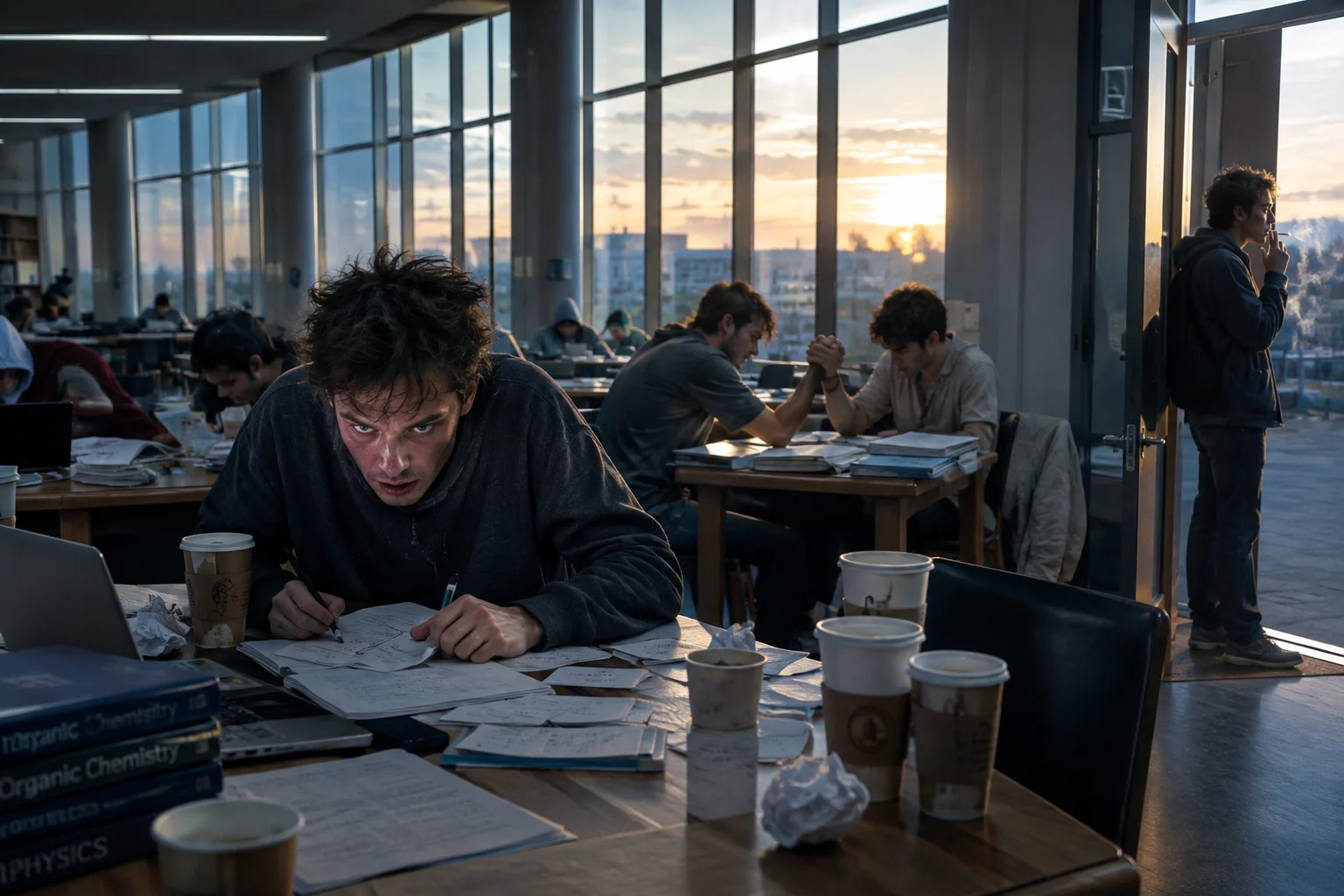 A manic caffeine-fueled student studies through dawn in a study hall while taking a cigarette break and two exhausted students arm-wrestle nearby.