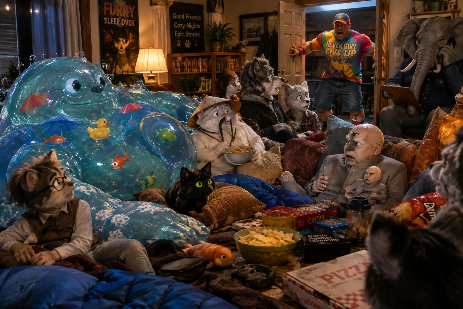 A chaotic furry sleepover gathers in a cozy living room as a muscular wrestler forces the door, an elephant takes notes, and a translucent water-being lounges among the guests.