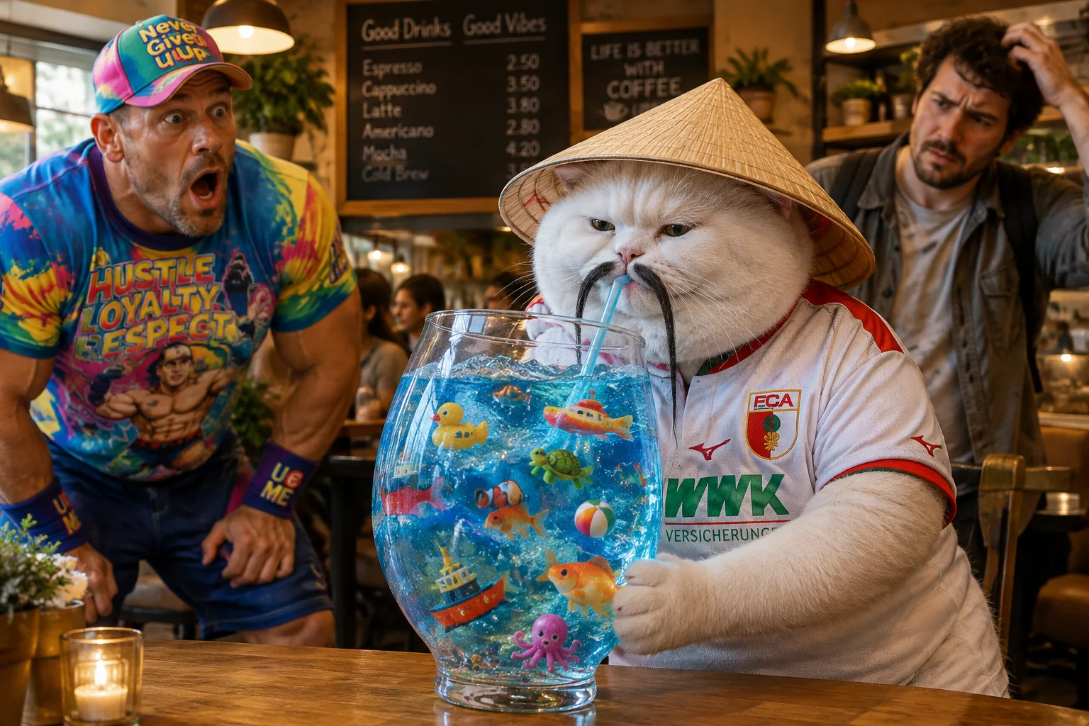 A moustached white cat in an Augsburg jersey drinks a strange fish-filled water beverage while a shocked wrestler watches in a café.