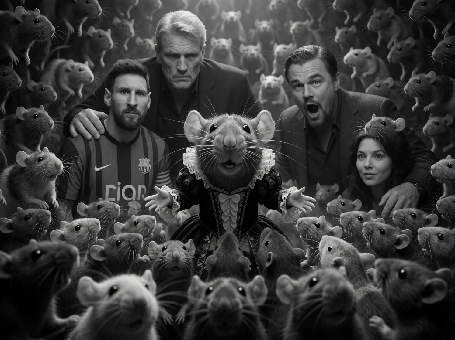 A distinctive dressed rat stands as the focal point amid a dense sea of rats, while nearby figures nod, loom, and peek through the crowd in a chaotic, theatrical black-and-white cinematic scene.