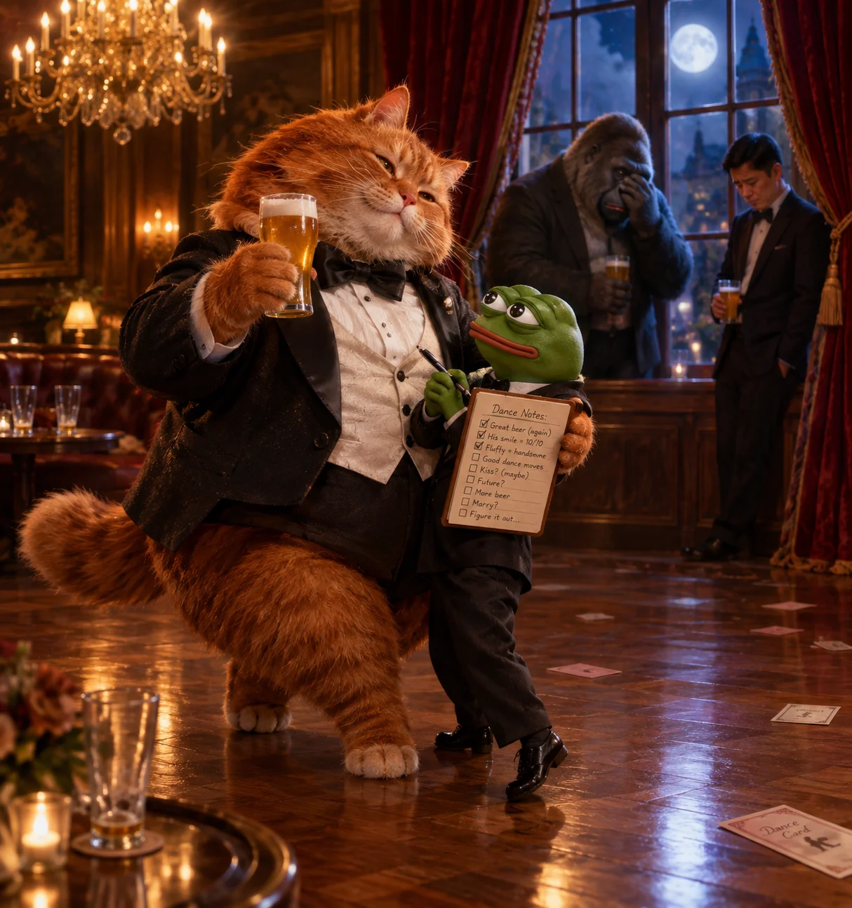 A red-haired cat and note-taking frog perform a romantic dance in a warmly lit ballroom while a guilty silverback gorilla and a solemn Asian man watch from the window.