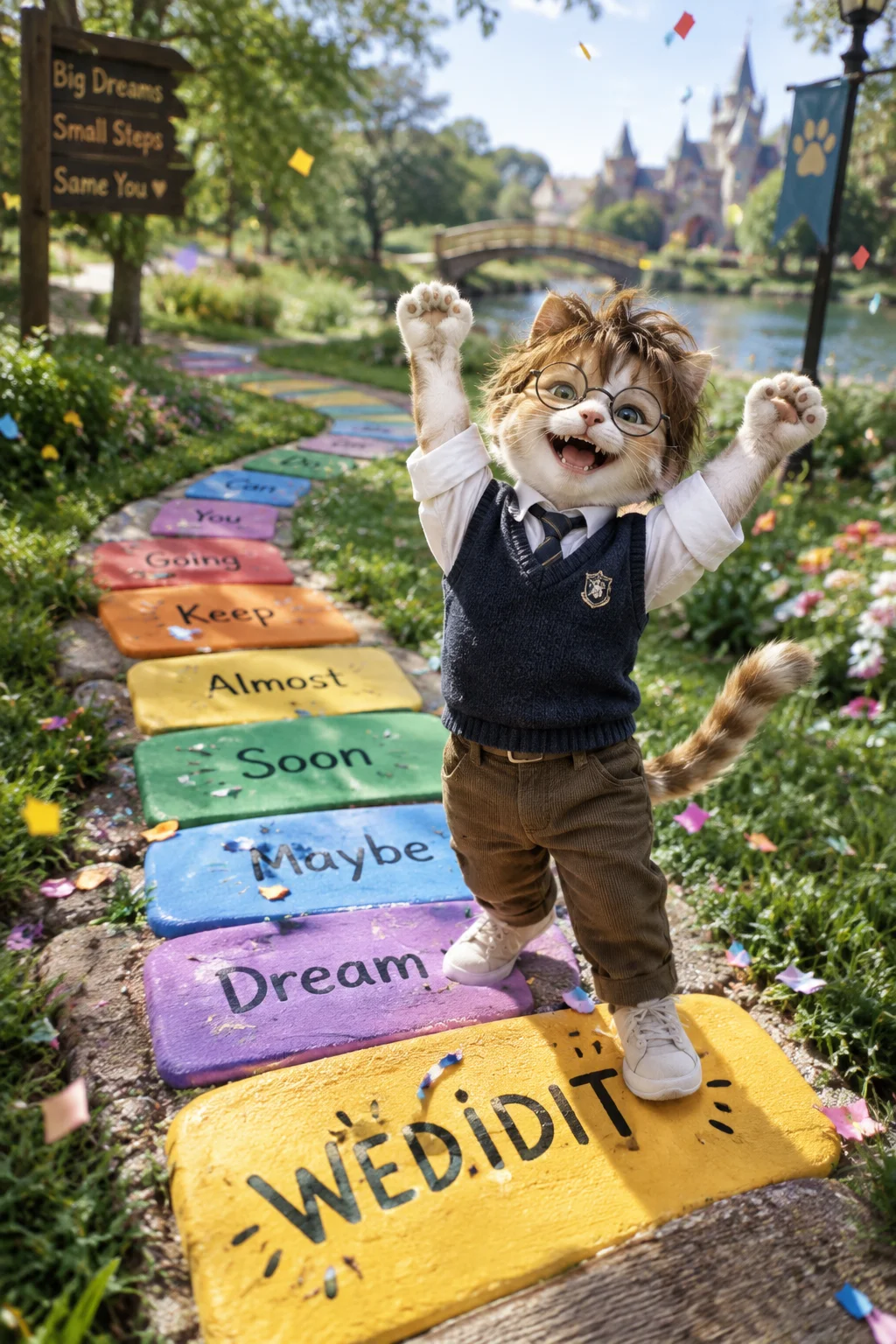 A tiny bespectacled cat-boy in a sweater vest celebrates atop a winding path of word tiles in a sunny park, ending on a tile that reads “WEDIDIT.”