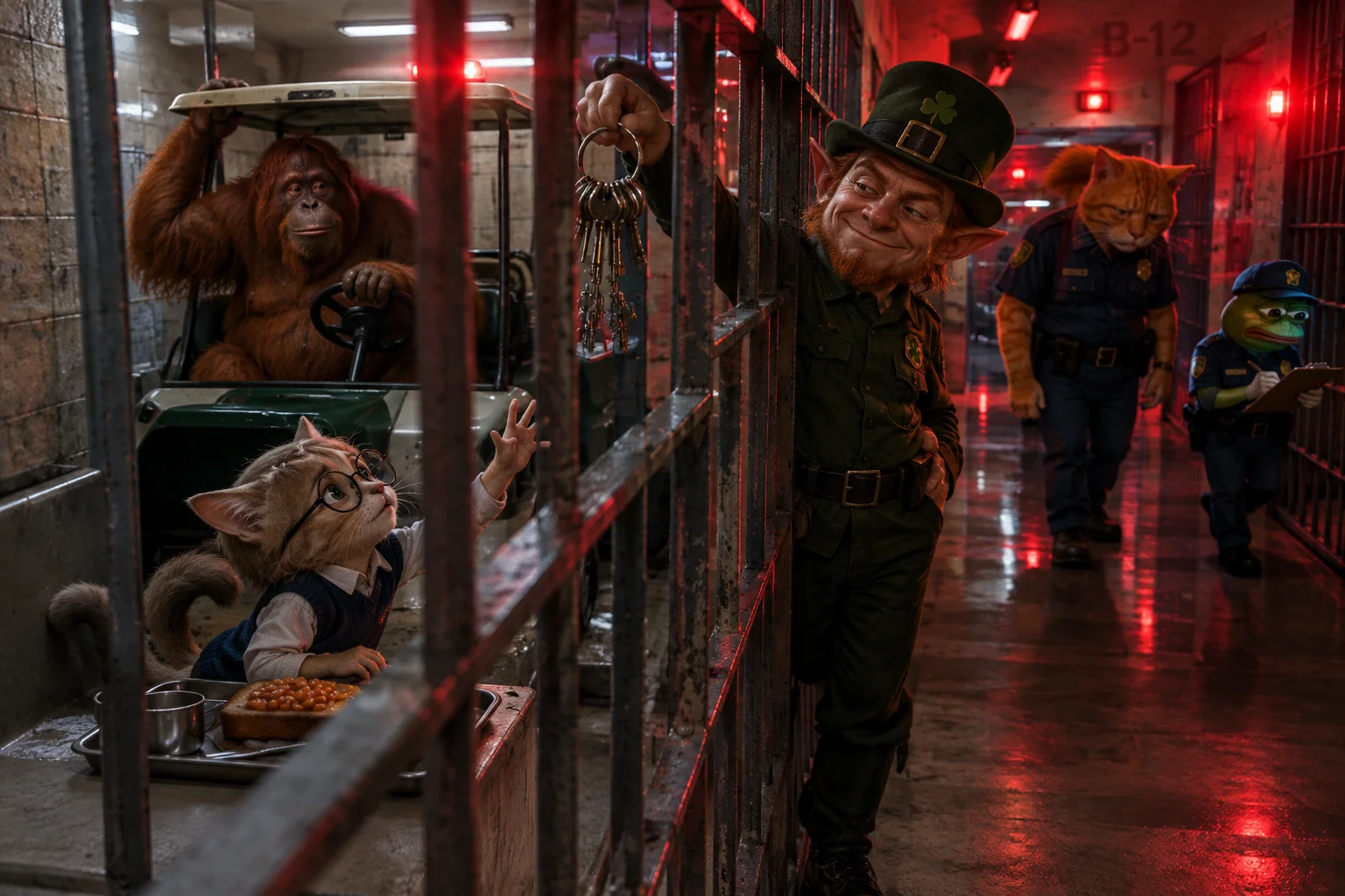 A tiny nerdy cat-boy eats beans on toast in a prison cell while a smirking leprechaun guard holds the keys away during a flashing riot alarm.