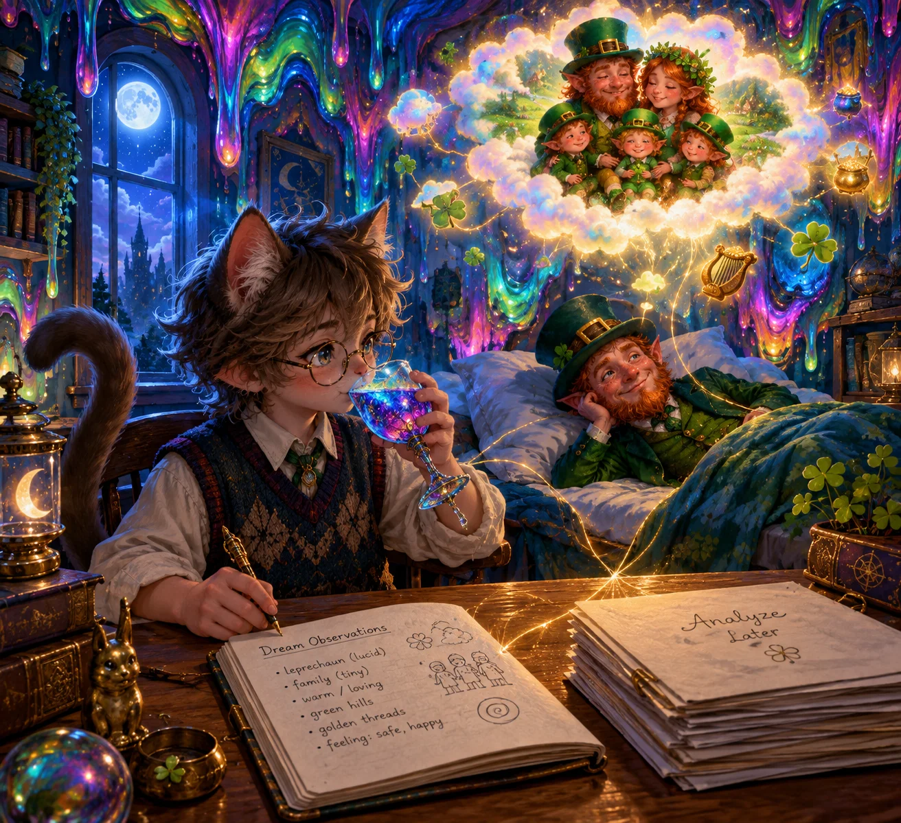 A tiny cat-boy writes down vivid dreams while drinking an exotic beverage as a lucid-dreaming leprechaun imagines his family in a surreal, dripping bedroom.