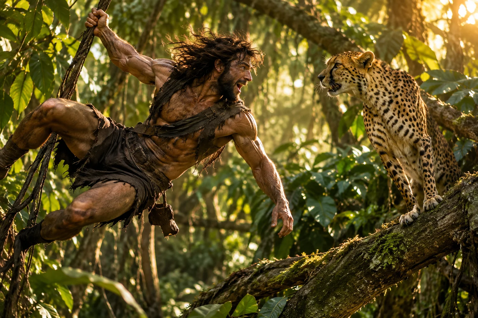 A muscular wildman swings between jungle branches while yelling and talking with an alert cheetah nearby.