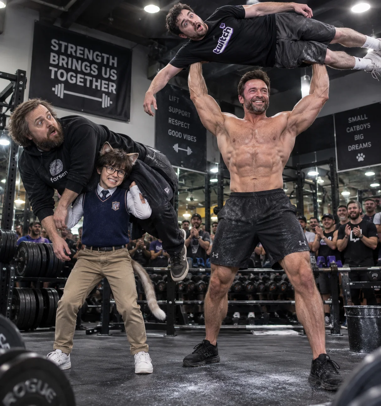 A tiny cat-boy and a towering muscular man compete in a playful gym strength challenge while lifting two surprised adult men.