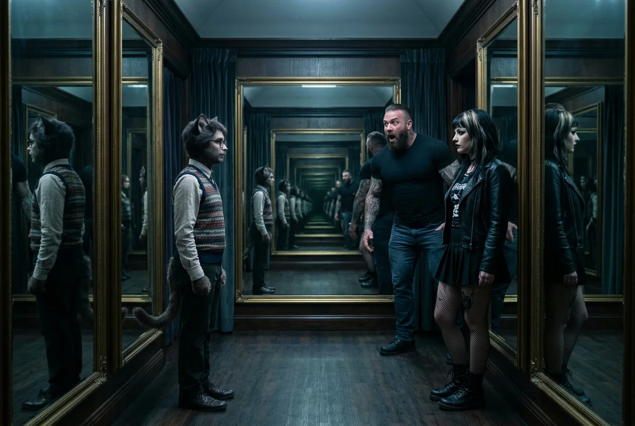 A tiny bespectacled cat-boy and a goth woman watch each other endlessly through facing mirrors while a huge muscular man reacts in astonishment.