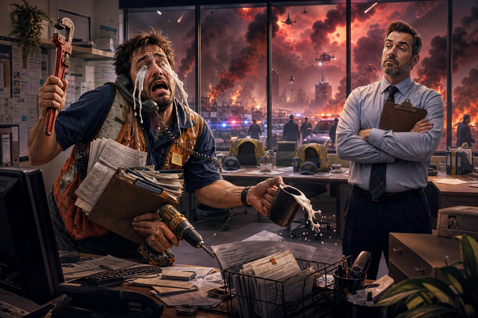An overwhelmed Kiwi office worker juggles phones, paperwork, and tools as white milk-like tears stream from his eyes, while his unimpressed boss watches amid abandoned desks and an apocalyptic skyline beyond the windows.