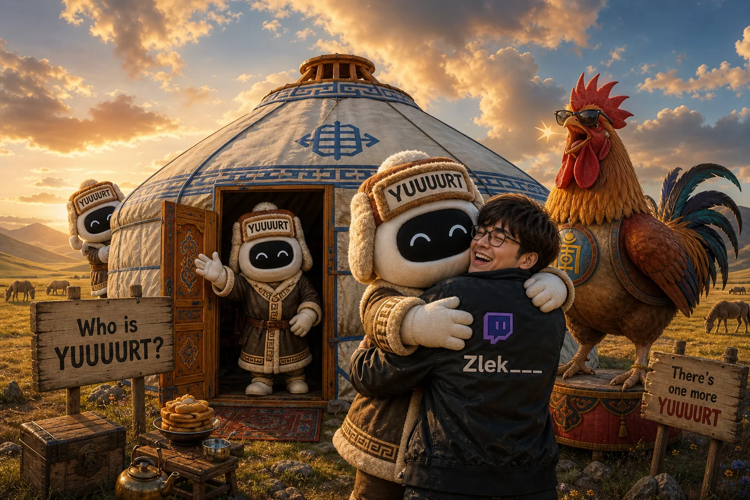 A whimsical golden-hour Mongolian steppe scene shows a traditional yurt, two identical mascot figures, a cheerful character being hugged, and an oversized rooster amid colorful grasslands.