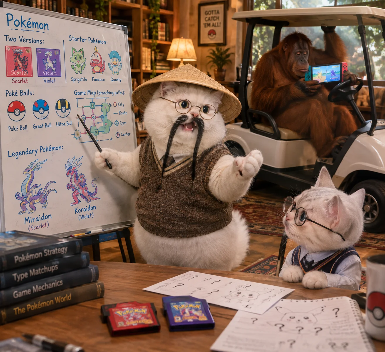 A smartly dressed cat explains Pokémon to a confused nerdy cat-boy while an orangutan plays a handheld game from a golf cart in a gaming study.