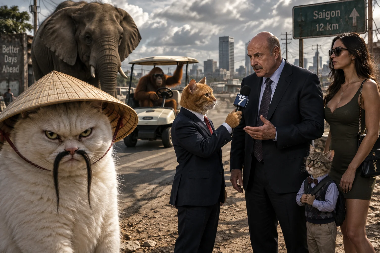 A surreal hard-edged roadside interview features a suited orange cat questioning Dr. Phil, surrounded by an elephant, a golf-cart-driving orangutan, and a creepy straw-hatted white cat.