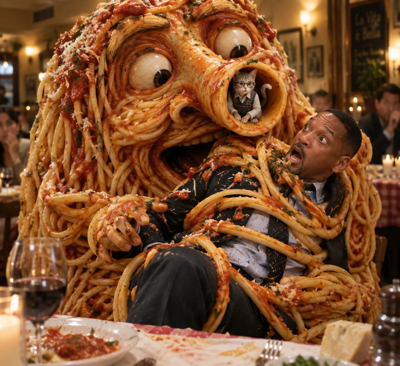 A giant anthropomorphic spaghetti mound comically eats Will Smith in a warmly lit Italian restaurant while a tiny bespectacled cat-boy peers from its nostril.