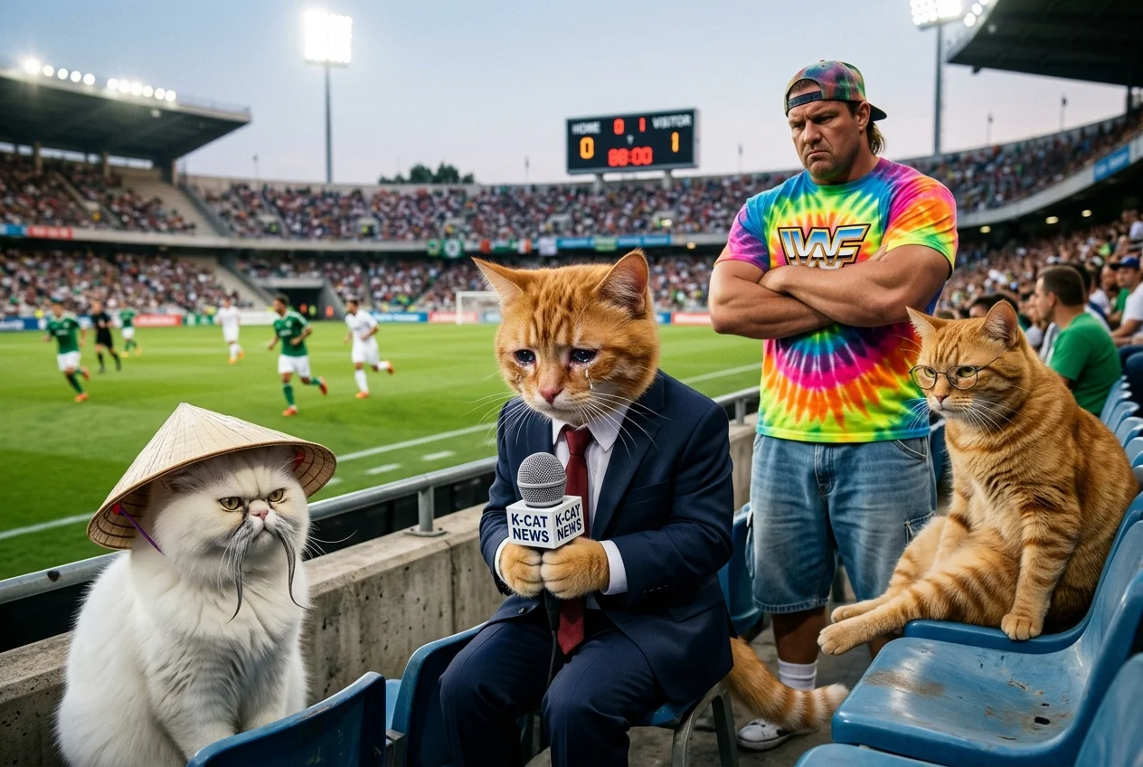 A crying orange cat in a suit watches football from the front row while a wrestler and two unusual cats judge her in a brightly lit stadium.