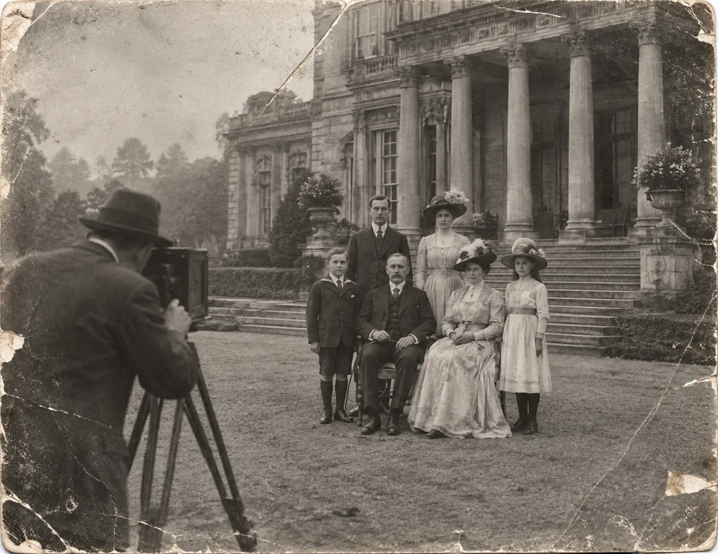 A vintage black-and-white photographer captures a formally posed wealthy family outside their grand mansion, rendered as a worn, scratched antique print.