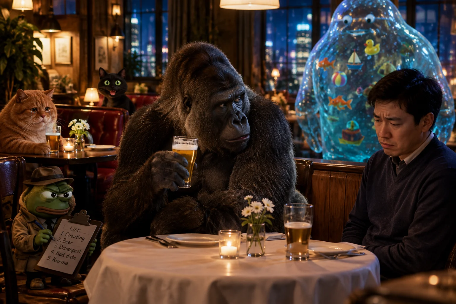 An awkward restaurant date features a disappointed man and beer-drinking silverback gorilla while a sad cat, note-taking frog, happy black cat, and watery figure look on.