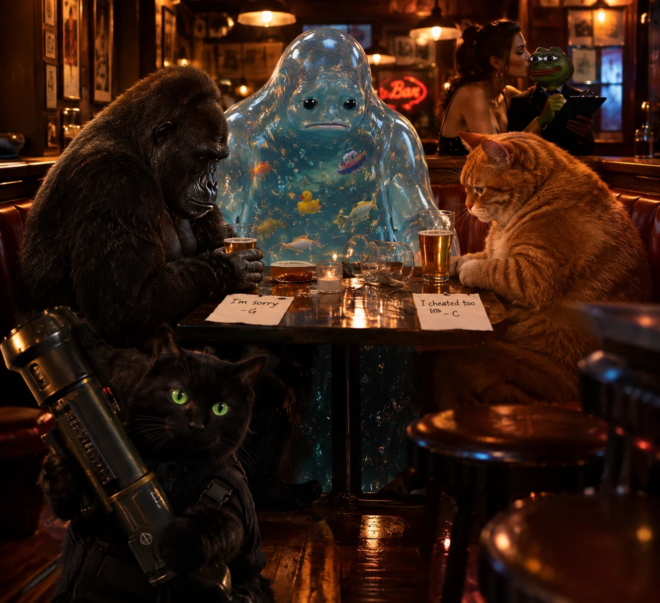 A heartbroken silverback gorilla and red-haired beer-drinking cat break up in a dim bar while bizarre witnesses reveal the evening’s tangled betrayals.