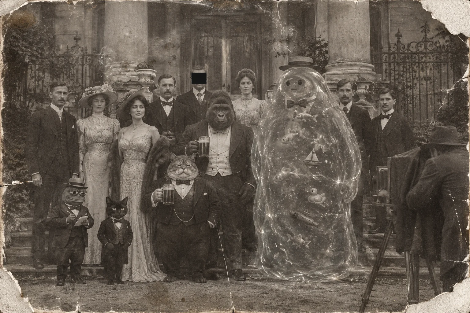 A formally dressed group, including cats, a gorilla, a water being, and a tiny note-taking frog, poses before an old mansion while an antique photographer works nearby.