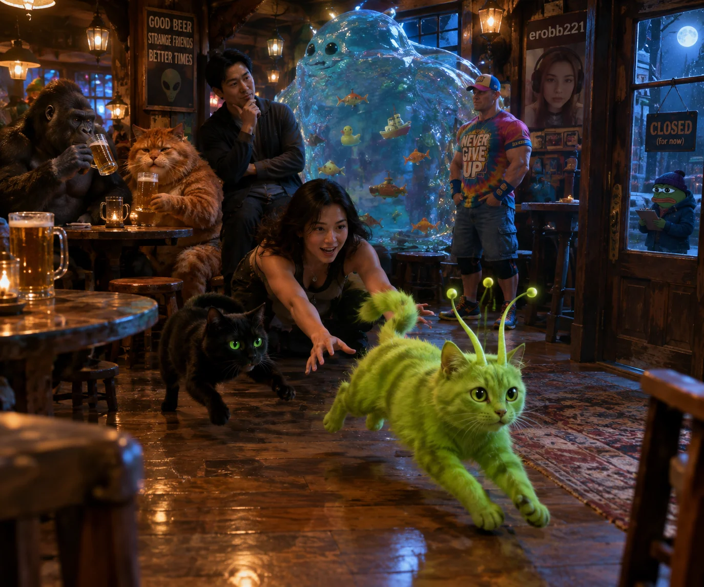 A lime-green catlike alien races through a surreal tavern while a cat and woman try to catch it, surrounded by eccentric creatures, drinkers, and a tiny frog waiting outside.