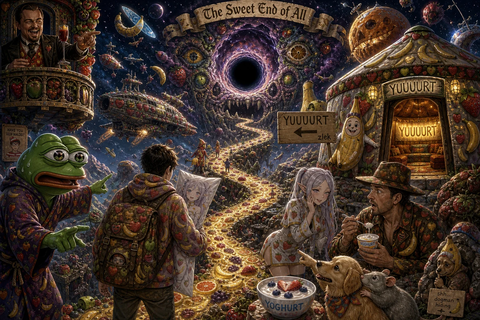A surreal deep-space tableau shows a traveler carrying an anime pillow as Pepe the frog gestures urgently, while a glowing path winds through a fruit-filled cosmic landscape toward a beautiful, terrifying black hole beside a whimsical yurt.