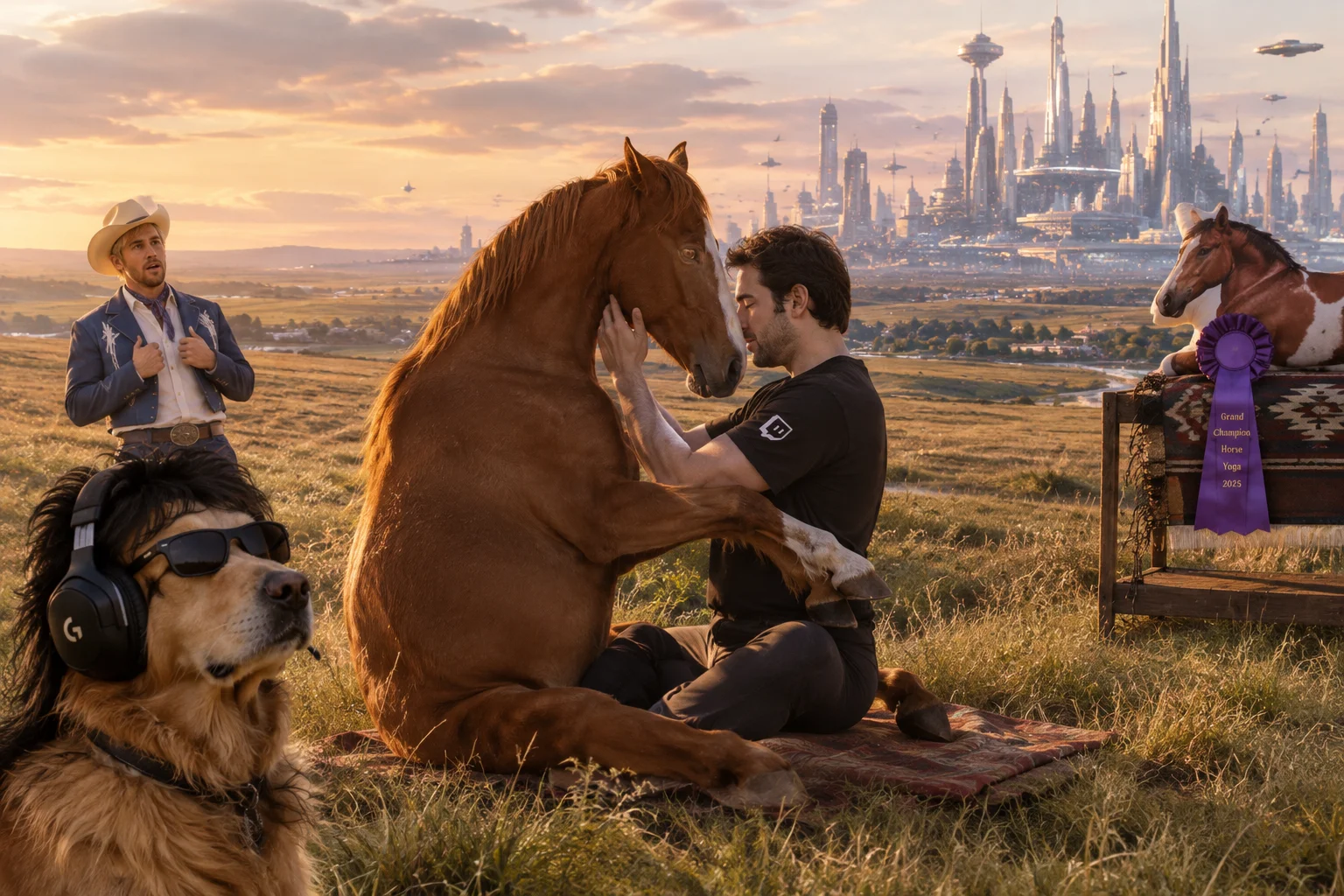 Nymn shares a romantic horse-yoga moment with a chestnut horse on the pampas while a judging retriever, awestruck gaucho, prize body pillow, and busy peepo city fill the scene.
