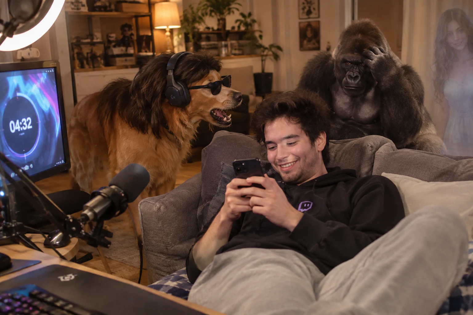 An Asian streamer lounges on a couch laughing at his phone while delaying a livestream, as a headset-wearing dog, gorilla, and fading ghostly woman react around him.